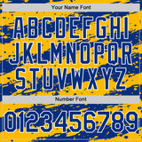 Custom Gold Royal-White Splash 3D Pattern Design Bomber Full-Snap Varsity Letterman Hoodie Jacket