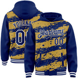 Custom Old Gold Royal-White Splash 3D Pattern Design Bomber Full-Snap Varsity Letterman Hoodie Jacket