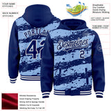 Custom Light Blue Royal-White Splash 3D Pattern Design Bomber Full-Snap Varsity Letterman Hoodie Jacket