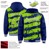 Custom Royal Neon Green-White Splash 3D Pattern Design Bomber Full-Snap Varsity Letterman Hoodie Jacket