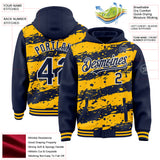 Custom Gold Navy-White Splash 3D Pattern Design Bomber Full-Snap Varsity Letterman Hoodie Jacket