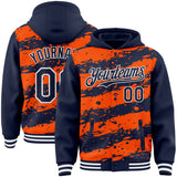 Custom Orange Navy-White Splash 3D Pattern Design Bomber Full-Snap Varsity Letterman Hoodie Jacket