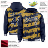 Custom Old Gold Navy-White Splash 3D Pattern Design Bomber Full-Snap Varsity Letterman Hoodie Jacket