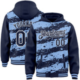 Custom Light Blue Navy-White Splash 3D Pattern Design Bomber Full-Snap Varsity Letterman Hoodie Jacket