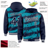 Custom Teal Navy-White Splash 3D Pattern Design Bomber Full-Snap Varsity Letterman Hoodie Jacket