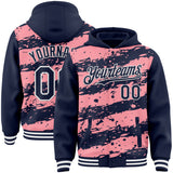 Custom Medium Pink Navy-White Splash 3D Pattern Design Bomber Full-Snap Varsity Letterman Hoodie Jacket