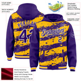 Custom Gold Purple-White Splash 3D Pattern Design Bomber Full-Snap Varsity Letterman Hoodie Jacket