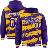 Custom Gold Purple-White Splash 3D Pattern Design Bomber Full-Snap Varsity Letterman Hoodie Jacket
