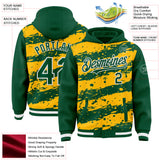 Custom Gold Kelly Green-White Splash 3D Pattern Design Bomber Full-Snap Varsity Letterman Hoodie Jacket