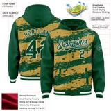Custom Old Gold Kelly Green-White Splash 3D Pattern Design Bomber Full-Snap Varsity Letterman Hoodie Jacket