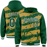 Custom Old Gold Kelly Green-White Splash 3D Pattern Design Bomber Full-Snap Varsity Letterman Hoodie Jacket