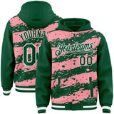 Custom Medium Pink Kelly Green-White Splash 3D Pattern Design Bomber Full-Snap Varsity Letterman Hoodie Jacket