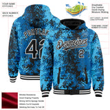 Custom Blue Black-White 3D Pattern Design Bomber Full-Snap Varsity Letterman Hoodie Jacket