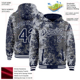 Custom Gray Navy-White 3D Pattern Design Bomber Full-Snap Varsity Letterman Hoodie Jacket