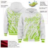 Custom White White-Neon Green 3D Pattern Design Bomber Full-Snap Varsity Letterman Hoodie Jacket