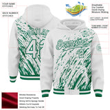 Custom White White-Kelly Green 3D Pattern Design Bomber Full-Snap Varsity Letterman Hoodie Jacket