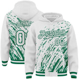 Custom White White-Kelly Green 3D Pattern Design Bomber Full-Snap Varsity Letterman Hoodie Jacket