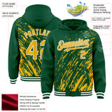 Custom Kelly Green Gold-White 3D Pattern Design Bomber Full-Snap Varsity Letterman Hoodie Jacket