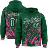 Custom Pink Kelly Green-White 3D Pattern Design Bomber Full-Snap Varsity Letterman Hoodie Jacket