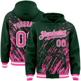 Custom Kelly Green Pink-White 3D Pattern Design Bomber Full-Snap Varsity Letterman Hoodie Jacket