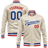 Custom Cream Royal-Red Bomber Full-Snap Varsity Faux Leather Letterman Jacket