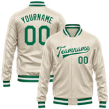 Custom Cream Kelly Green Bomber Full-Snap Varsity Faux Leather Letterman Jacket