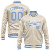 Custom Cream Light Blue Bomber Full-Snap Varsity Faux Leather Letterman Jacket
