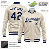 Custom Cream Navy Bomber Full-Snap Varsity Faux Leather Letterman Jacket