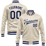 Custom Cream Navy Bomber Full-Snap Varsity Faux Leather Letterman Jacket