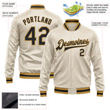 Custom Cream Black-Old Gold Bomber Full-Snap Varsity Faux Leather Letterman Jacket