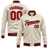 Custom Cream Red-Black Bomber Full-Snap Varsity Faux Leather Letterman Jacket