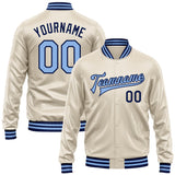 Custom Cream Light Blue-Navy Bomber Full-Snap Varsity Faux Leather Letterman Jacket