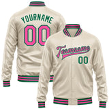 Custom Cream Pink-Kelly Green Bomber Full-Snap Varsity Faux Leather Letterman Jacket