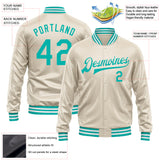 Custom Cream Aqua Bomber Full-Snap Varsity Faux Leather Letterman Jacket