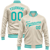 Custom Cream Aqua Bomber Full-Snap Varsity Faux Leather Letterman Jacket
