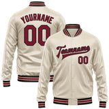 Custom Cream Crimson-Black Bomber Full-Snap Varsity Faux Leather Letterman Jacket