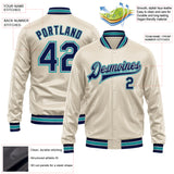 Custom Cream Navy Teal-Gray Bomber Full-Snap Varsity Faux Leather Letterman Jacket