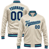 Custom Cream Navy Teal-Gray Bomber Full-Snap Varsity Faux Leather Letterman Jacket