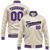 Custom Cream Purple-Black Bomber Full-Snap Varsity Faux Leather Letterman Jacket