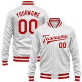 Custom White Red Bomber Full-Snap Varsity Faux Leather Letterman Jacket