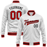 Custom White Red-Black Bomber Full-Snap Varsity Faux Leather Letterman Jacket