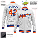 Custom White Orange-Royal Bomber Full-Snap Varsity Faux Leather Letterman Jacket