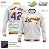 Custom White Purple-Gold Bomber Full-Snap Varsity Faux Leather Letterman Jacket