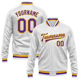 Custom White Purple-Gold Bomber Full-Snap Varsity Faux Leather Letterman Jacket