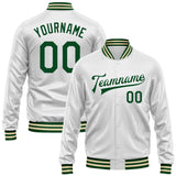 Custom White Green Bomber Full-Snap Varsity Faux Leather Letterman Jacket