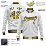 Custom White Old Gold-Black Bomber Full-Snap Varsity Faux Leather Letterman Jacket