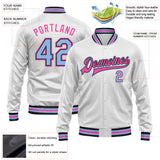 Custom White Light Blue Pink-Black Bomber Full-Snap Varsity Faux Leather Letterman Jacket