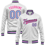 Custom White Light Blue Pink-Black Bomber Full-Snap Varsity Faux Leather Letterman Jacket