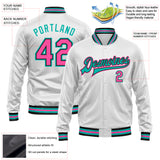 Custom White Pink Aqua-Black Bomber Full-Snap Varsity Faux Leather Letterman Jacket