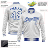 Custom White White-Royal Bomber Full-Snap Varsity Faux Leather Letterman Jacket